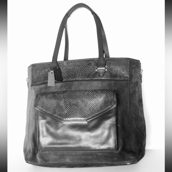 COACH Grey Large Carryall Suede Leather Tote Large Expandable Zipper Snakeskin - Picture 1 of 15